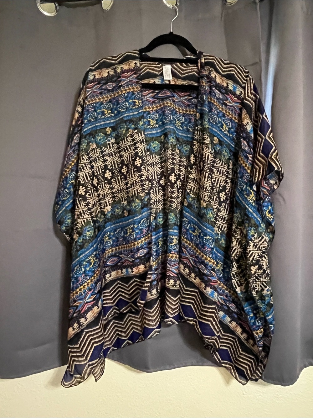 Boho Open-Front Kimono Cardigan in Blue Multi